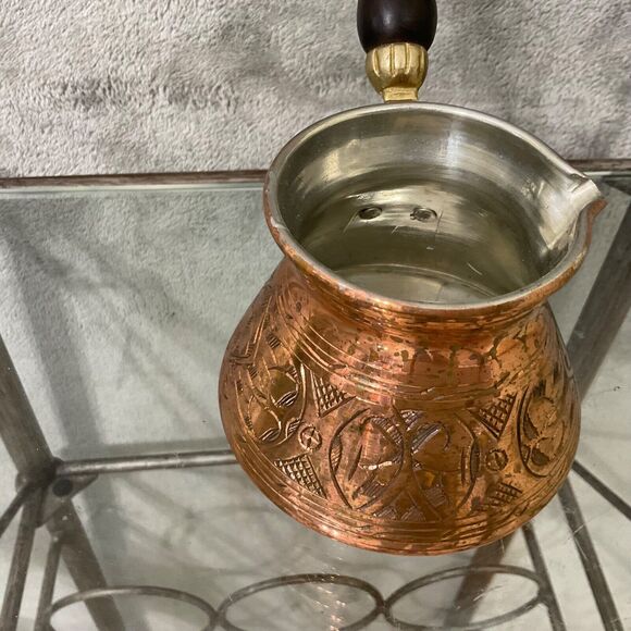 Vintage Copper+? Turkish coffee Cezve mother of pearl inlay wood handle - Picture 3 of 12